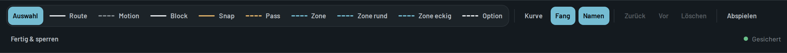 Die Werkzeugleiste über dem Feld: links die Linienarten, rechts die Schalter und der Ablauf.