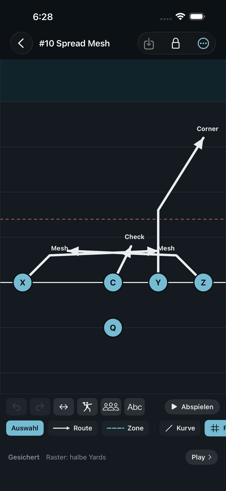 Die Routetree-App auf dem iPhone: ein Play im Editor, mit Feld, Aufstellung und Routen.