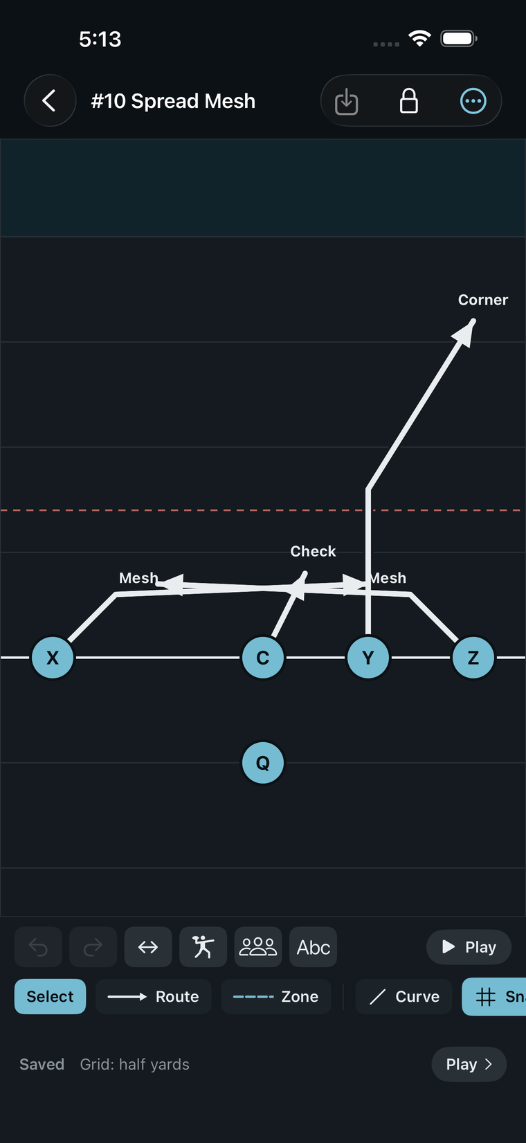 The Routetree app on iPhone: a play in the editor, with field, formation and routes.