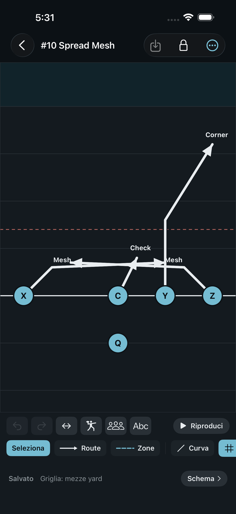 L'app Routetree su iPhone: una giocata nell'editor, con campo, formazione e rotte.