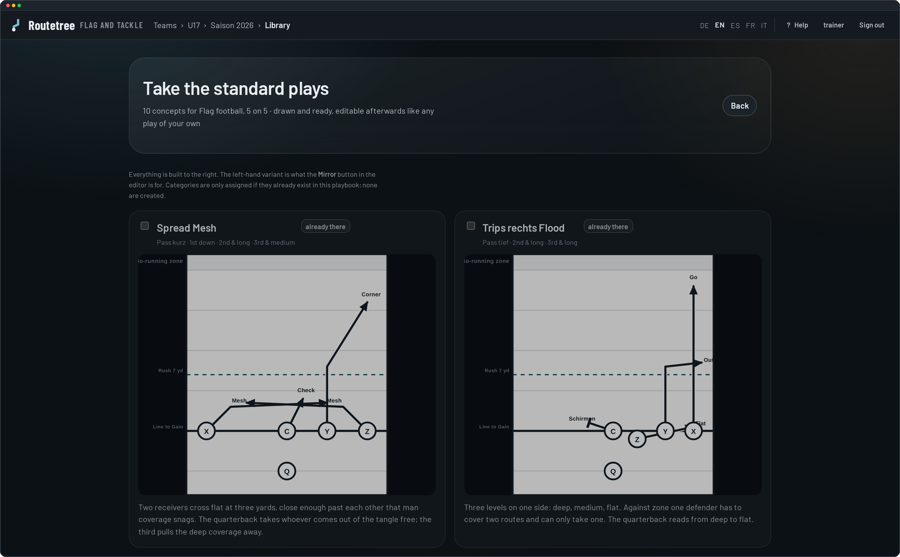 The library with ready-made plays as cards with a preview diagram.