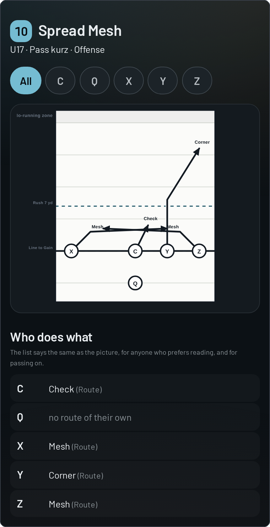 Player view on the phone: name and number of the play, below it the position picker and the field for the chosen position.