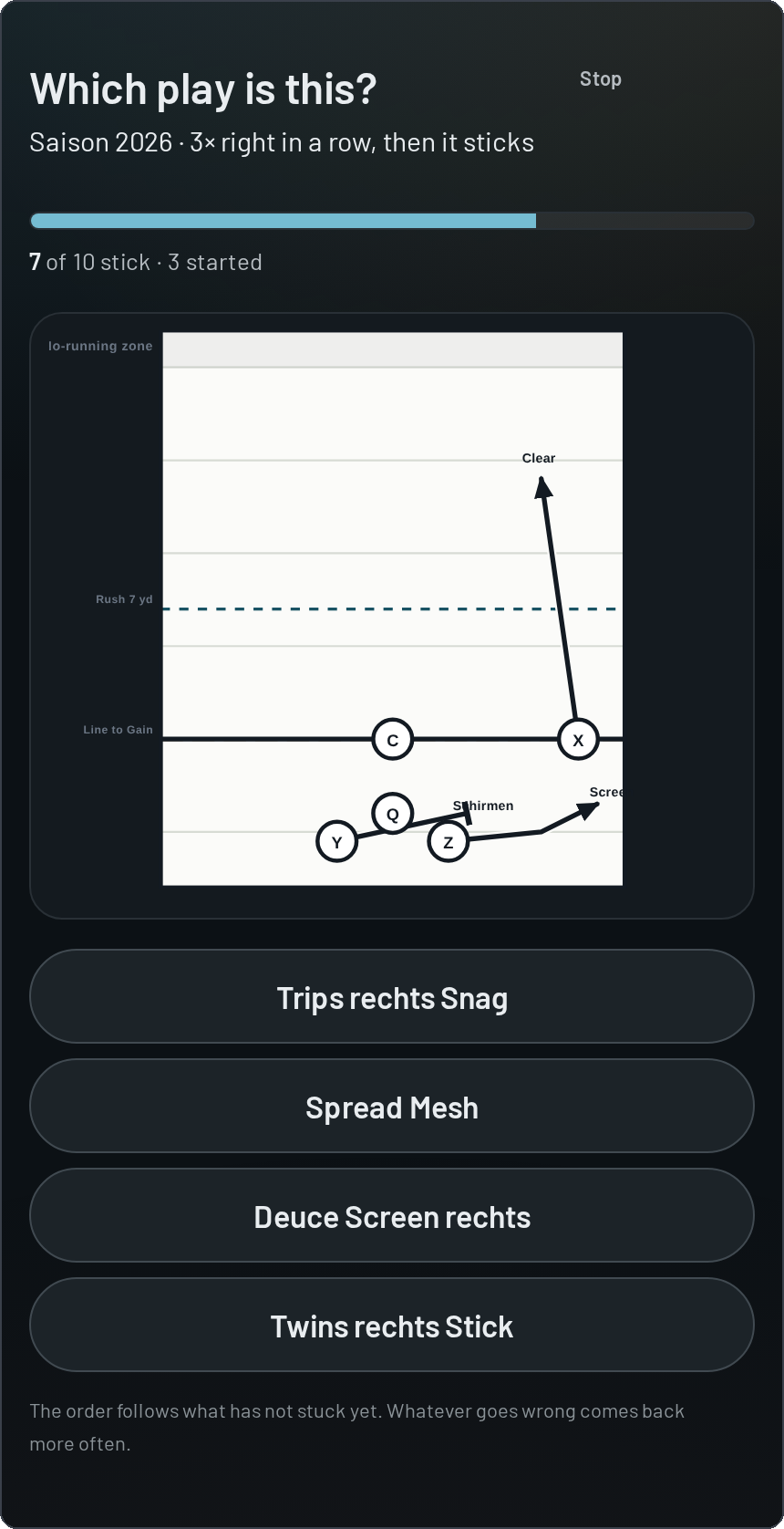 Practice mode on the phone: a diagram and four answer options with play names.