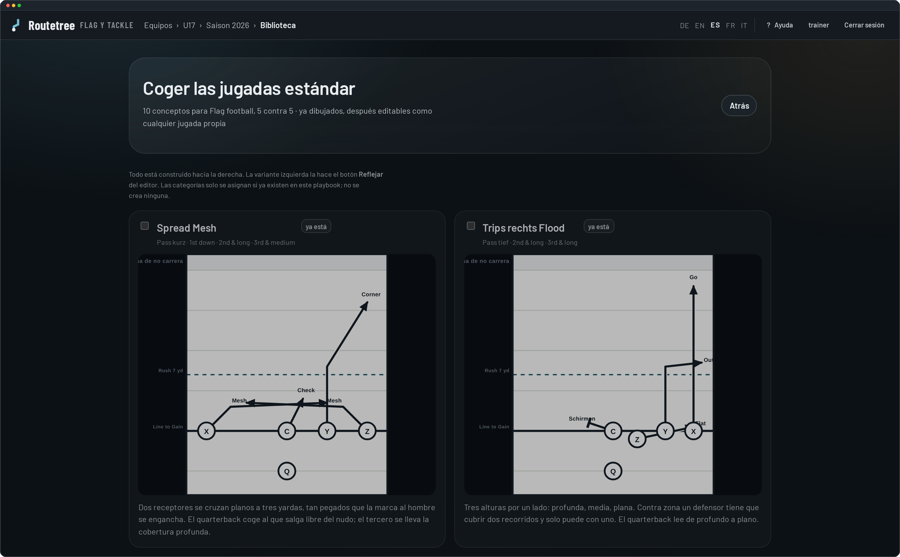 La biblioteca con jugadas ya hechas como tarjetas con diagrama de vista previa.