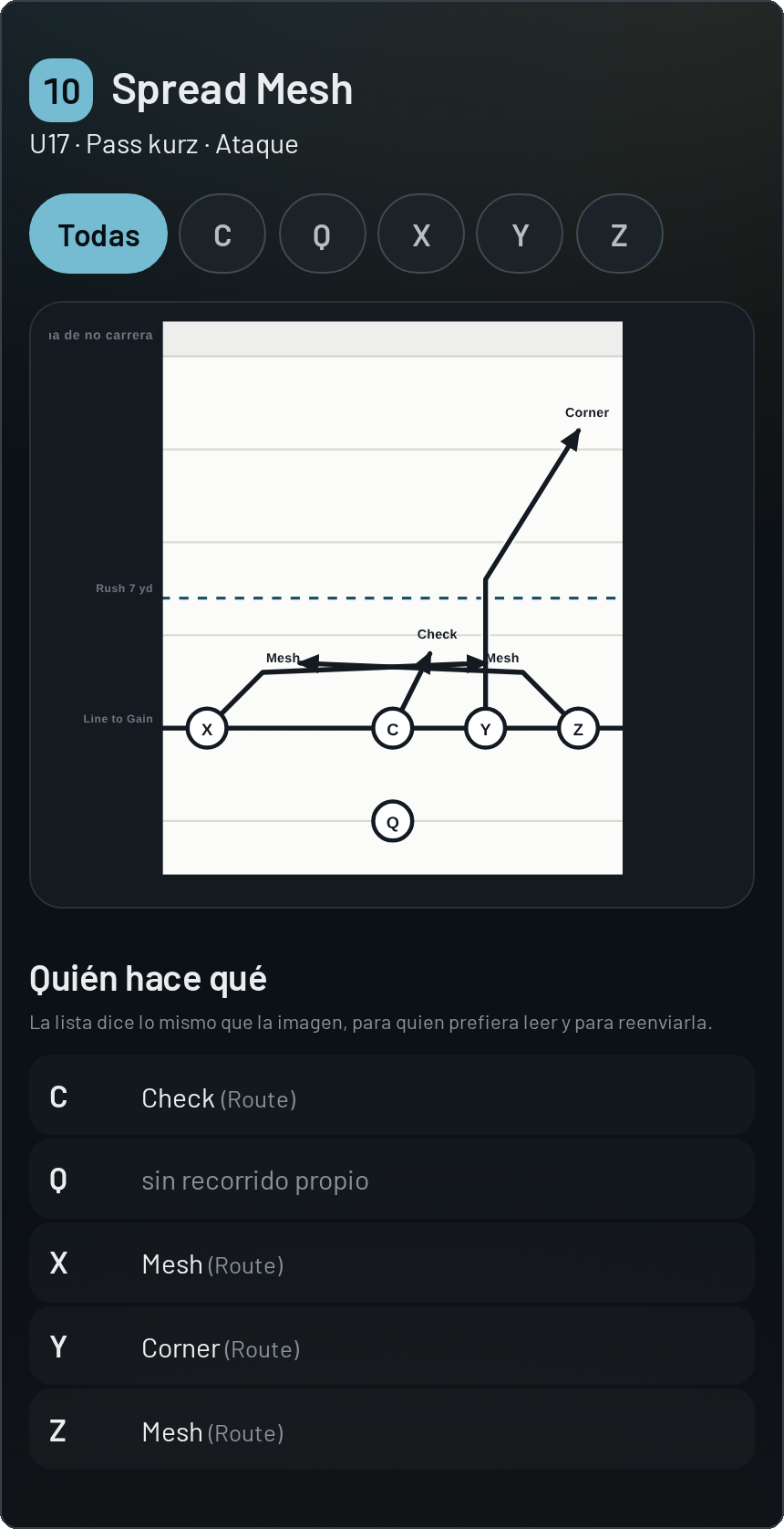 Vista de jugador en el móvil: nombre y número de la jugada, debajo el selector de posición y el campo para la posición elegida.