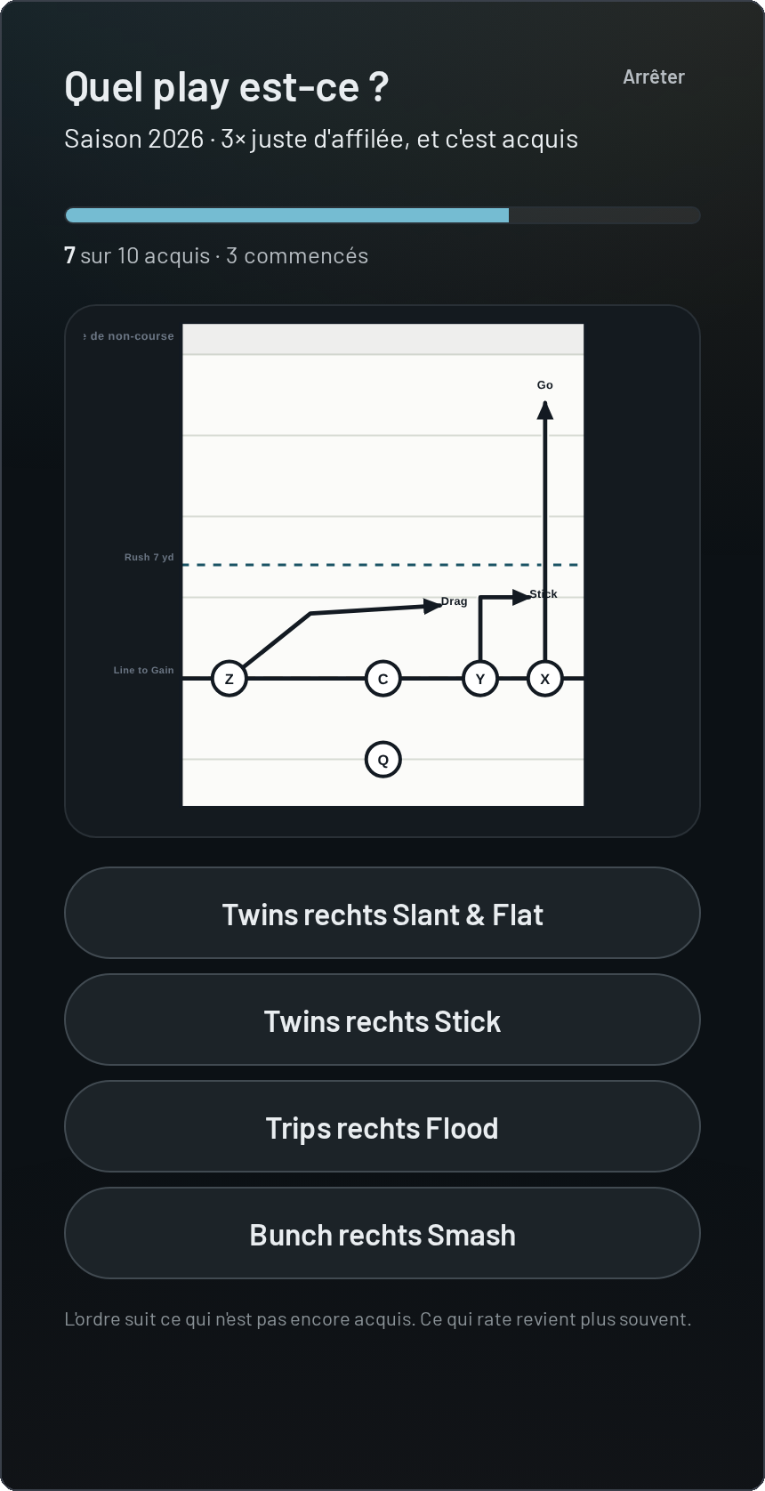 Mode entraînement sur le téléphone : un schéma et quatre réponses possibles avec des noms de plays.