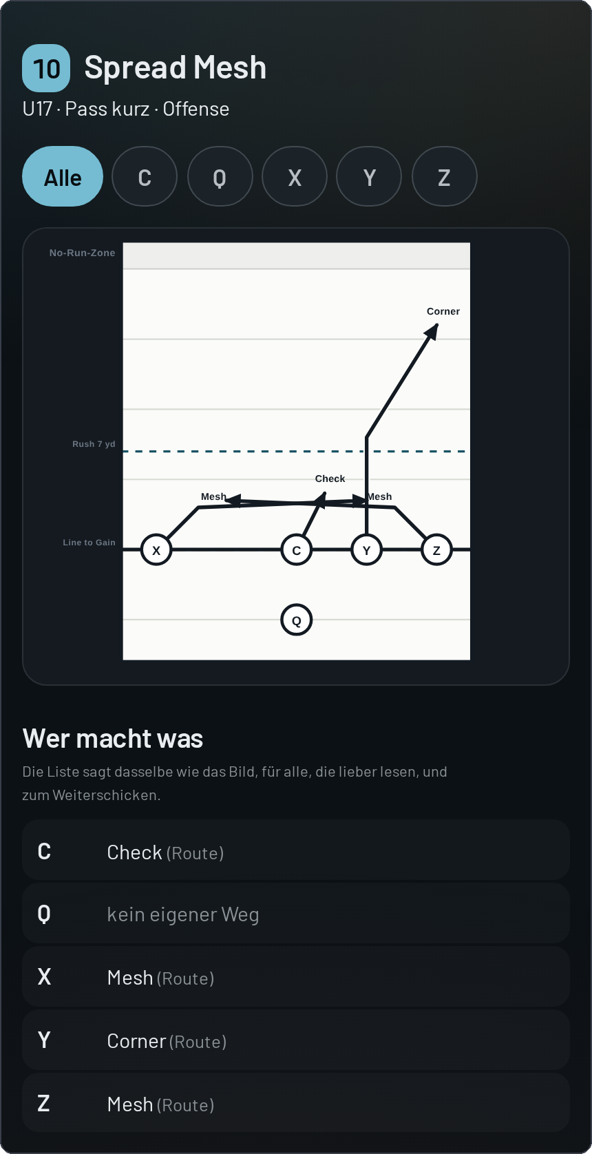 Spieleransicht auf dem Handy: Name und Nummer des Plays, darunter die Positionswahl und das Spielfeld für die gewählte Position.