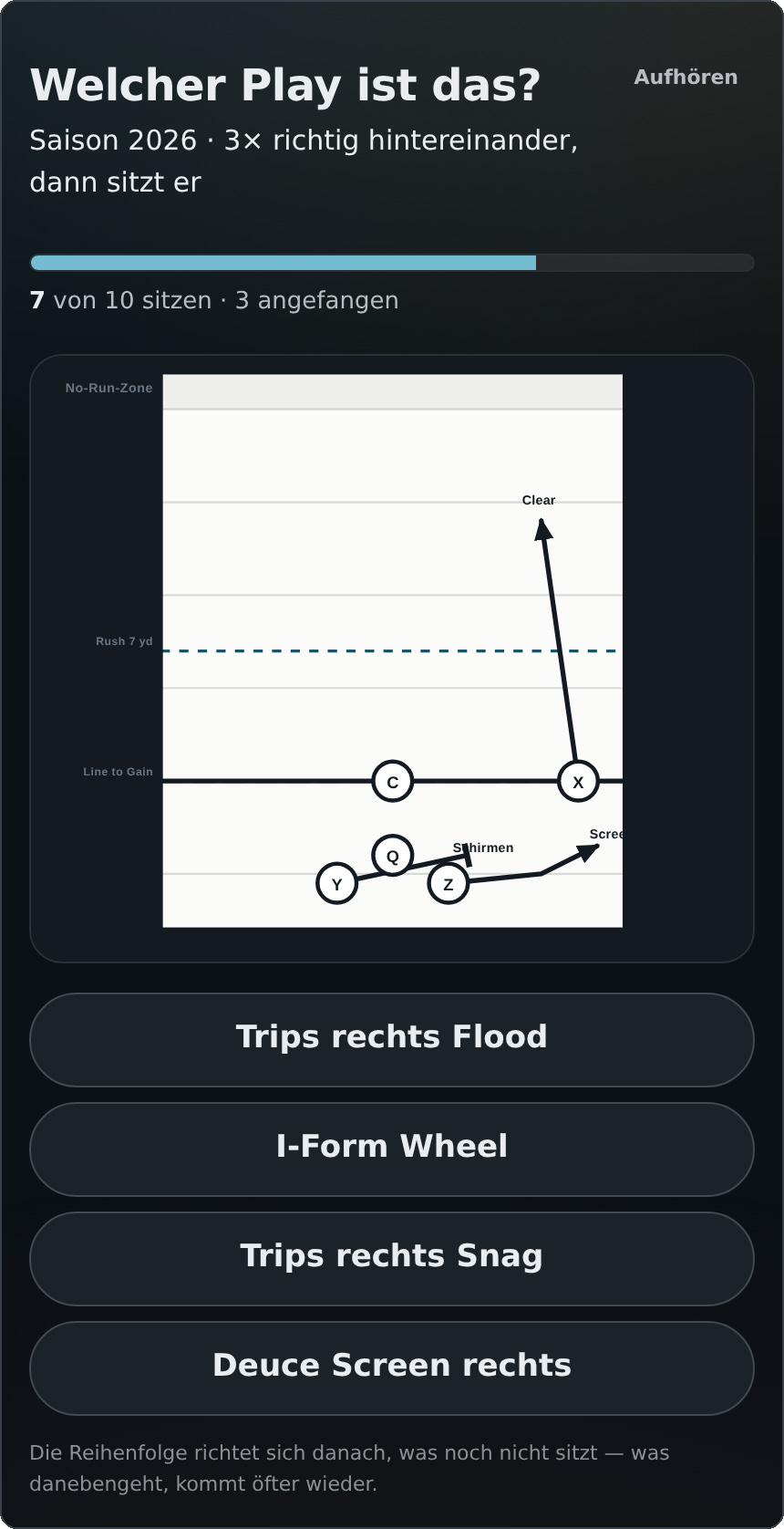 Übungsmodus auf dem Handy: ein Diagramm und vier
                  Antwortmöglichkeiten mit Play-Namen.