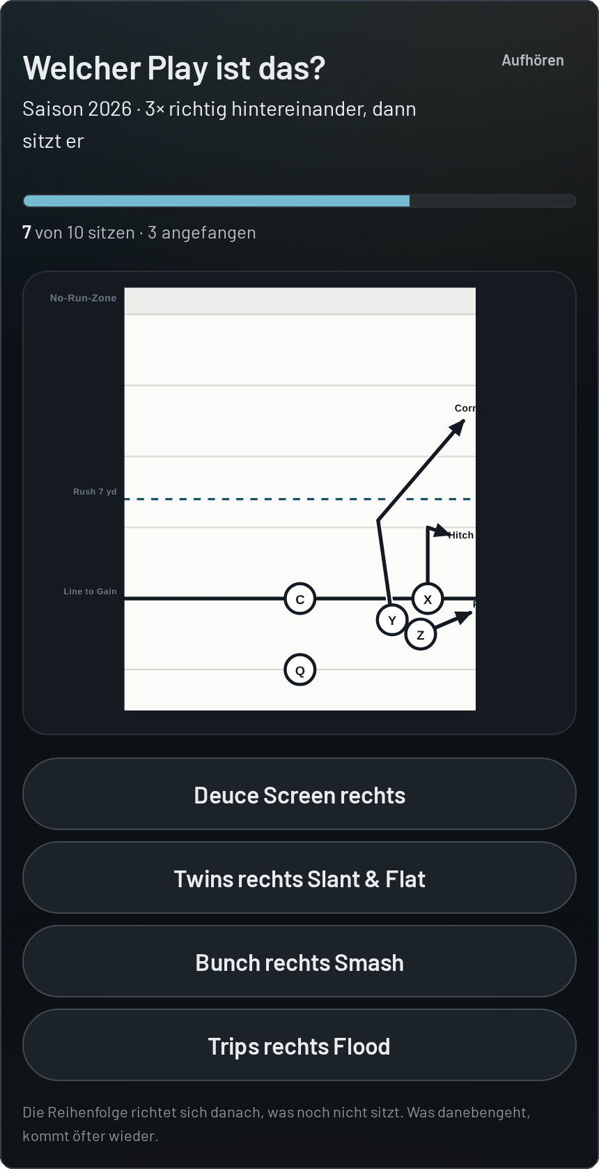 Übungsmodus auf dem Handy: ein Diagramm und vier Antwortmöglichkeiten mit Play-Namen.